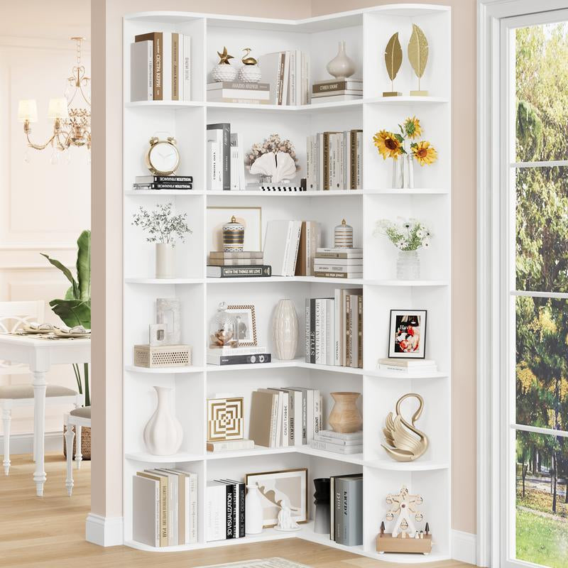 FOTOSOK 74'' Tall Corner Bookshelf, 6-Tier Bookshelf and Bookcase with Open Storage, L Shaped Tall Bookcases Wooden Storage Shelves for Home Office