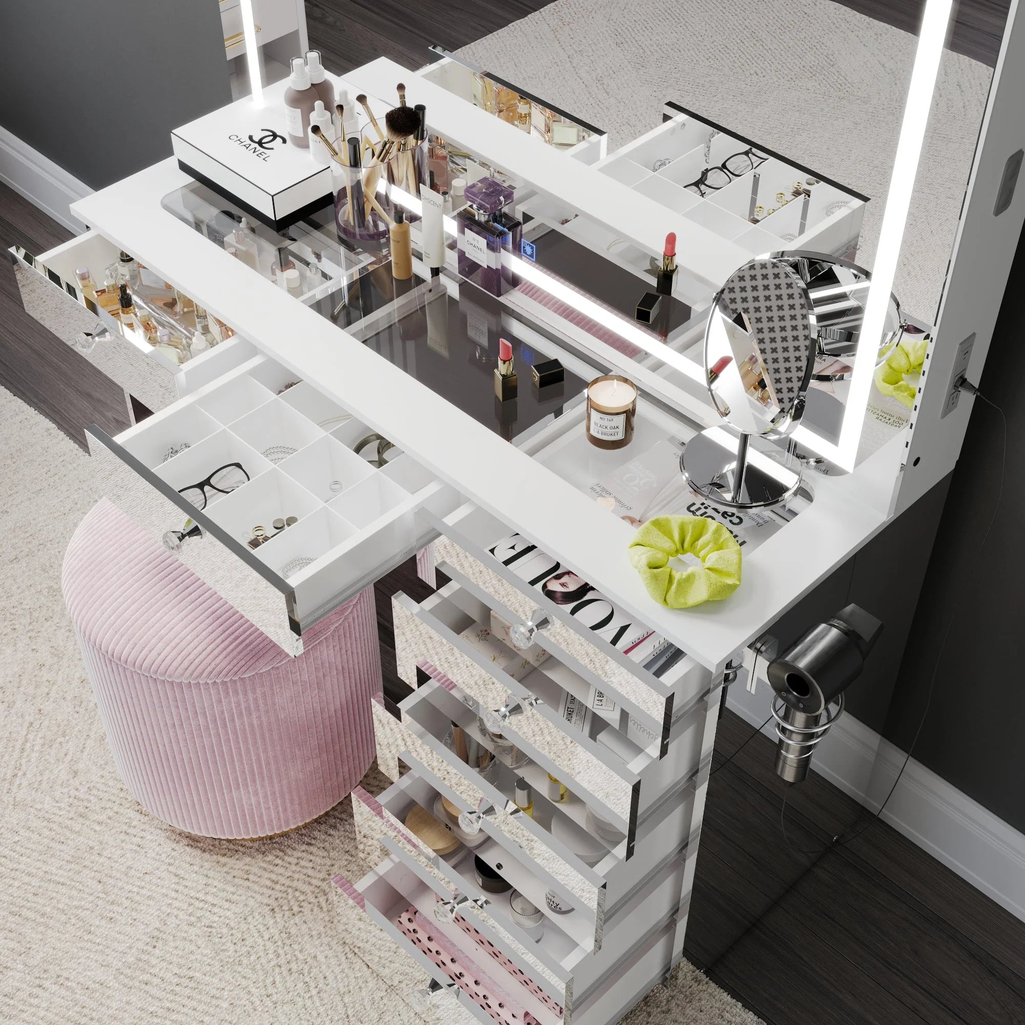 Brielle Makeup Vanity with Adjustable LED Mirror, Bluetooth Speakers, and Charging Station | Premium Boahaus Vanity