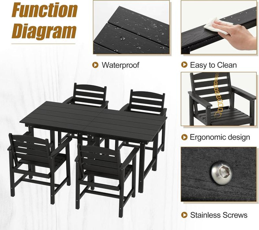 Anbuy Patio HDPE Dining Table Set, 5-Piece Outdoor Dining Table Sets, 2 in 1 Outdoor Furniture Table and 4 Outdoor Chairs for Garden, Backyard, Poolside, Easy Assembly,