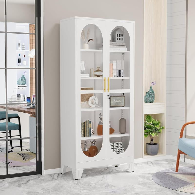 H71" Tall Metal Curio Cabinet, Display Cabinet with Glass Door, 5 Tier Liquor with 4 Adjustable Shelves, Locking Glass Display Case for Collectibles, Showcase Storage Cabinets, Black