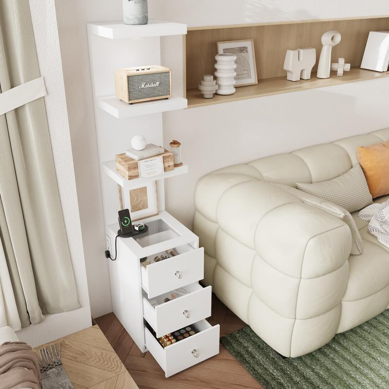 VOWNER 3 Tier Stand Shelf with 3 Drawers Modern Decor beside Table Nightstand with LED Light for Vanity Bedroom