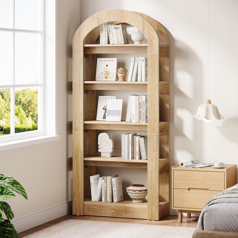 LITTLE TREE 5-Tier Bookshelf, Arch-Shaped Racks, Tall Standing Wooden Bookcase Display Shelf Modern Storage Solution