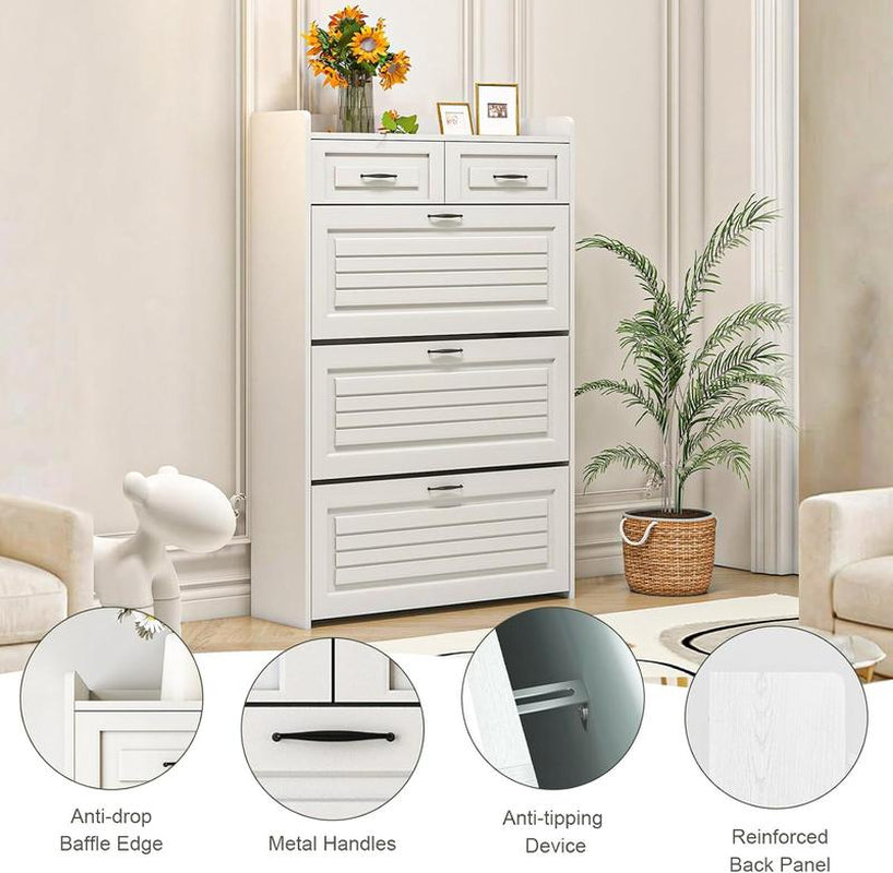 Spaco White Shoe Cabinet for Entryway, Freestanding Shoe Storage Cabinet,Wood Slim Hidden Shoe Rack Cabinet, Shoe Organizer Cabinet with 3 Flip Drawers & 2 Sliding Drawers for Closet, Hallway