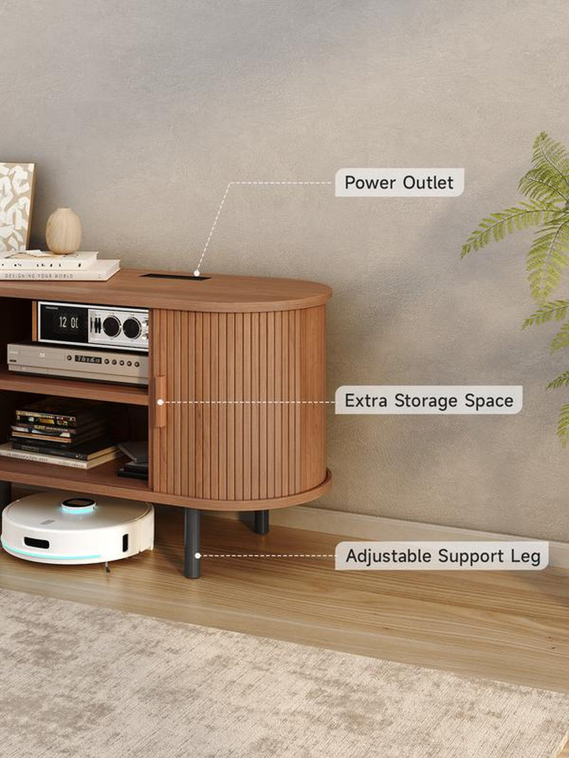 【Backtoschool】Onbrill Fluted TV Stand with Power Outlet for Tvs up to 60/70 Inch, TV Stands for Living Room with Storage & Adjustable Shelves, Entertainment Center with Sliding Doors, Console Table, Living Room Bedroom Furniture