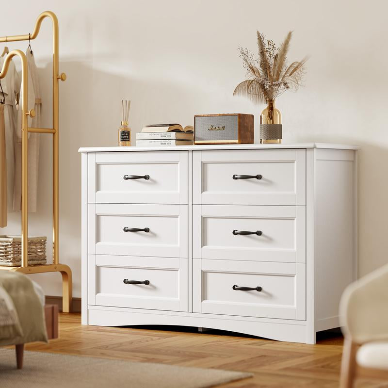 Gizoon 6 Drawer Dresser for Bedroom，47'' Larger Chest of Drawers with Mental Handle for Kids Room, White Dresser with 6 Storage Drawers for Living Room, Entryway and Hallway