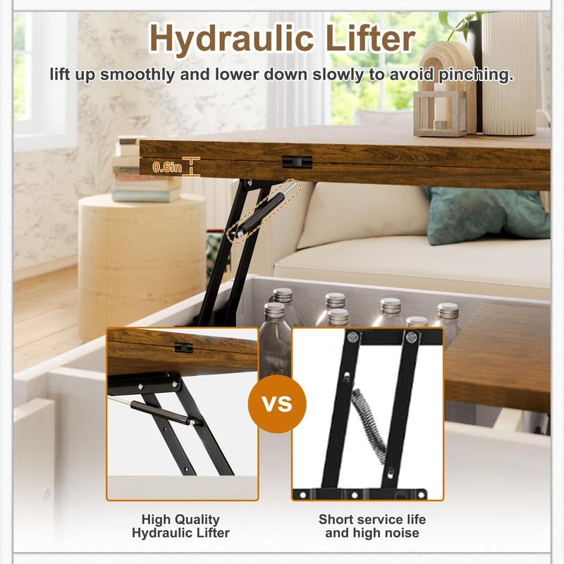 VIVIDWOOD Lift Top Coffee Table with Storage, 4 in 1 Multi-Function Convertible Tea Tables with Hidden Compartment, Farmhouse Center Table Converts to Dining Table for Living Room, Apartment