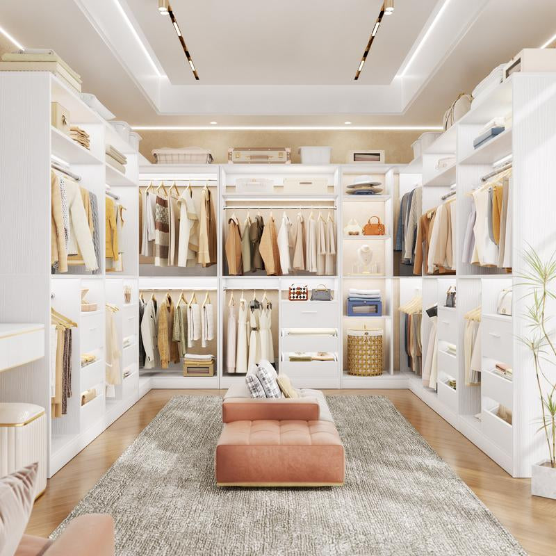 Cyclysio Corner Closet System with 6 Wooden Drawers and 6 Hanging Rods,Sturdy Walk-In Closet Organizer Wardrobe with Storage Shelves，3000 Lbs Capacity