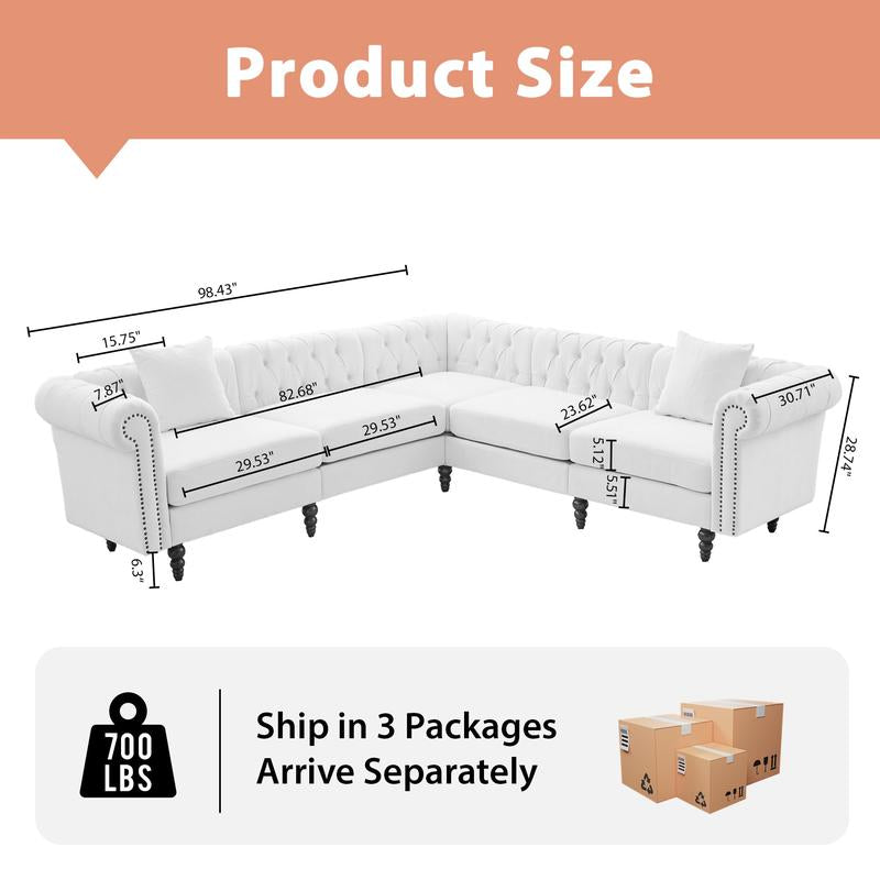 【Shipped in Two or More Packages】Giratree Furniture 98" PU Leather Chesterfield 3+2 Tufted Modular Sectional Sofa with Pillows, Rolled Arms and Nailhead Trim, Classic Upholstered Couch for Living Room, Apartment, Bedroom