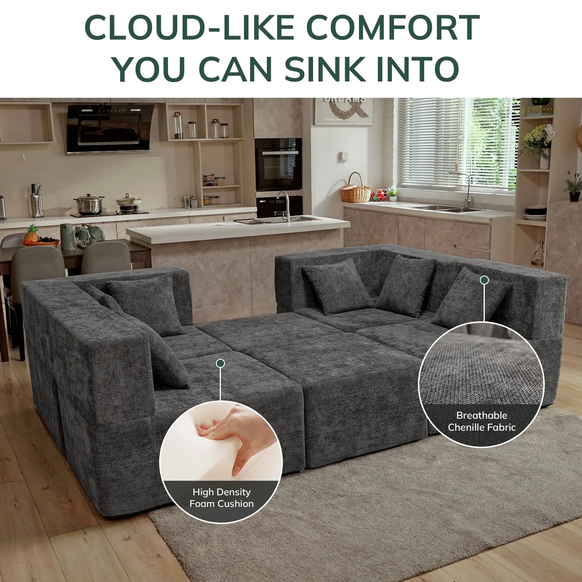 130" Oversized Modular Sectional Sofa for Living Room Furniture, Chenille Cloud Couch with Ottomans, Dark Gray