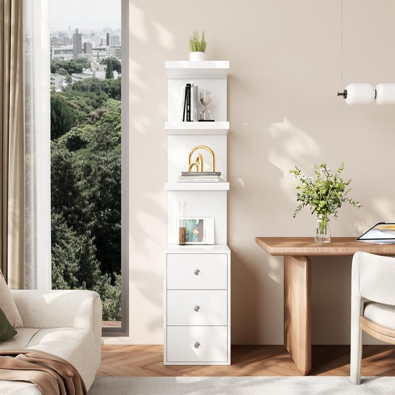 VOWNER 3 Tier Stand Shelf with 3 Drawers Modern Decor beside Table Nightstand with LED Light for Vanity Bedroom