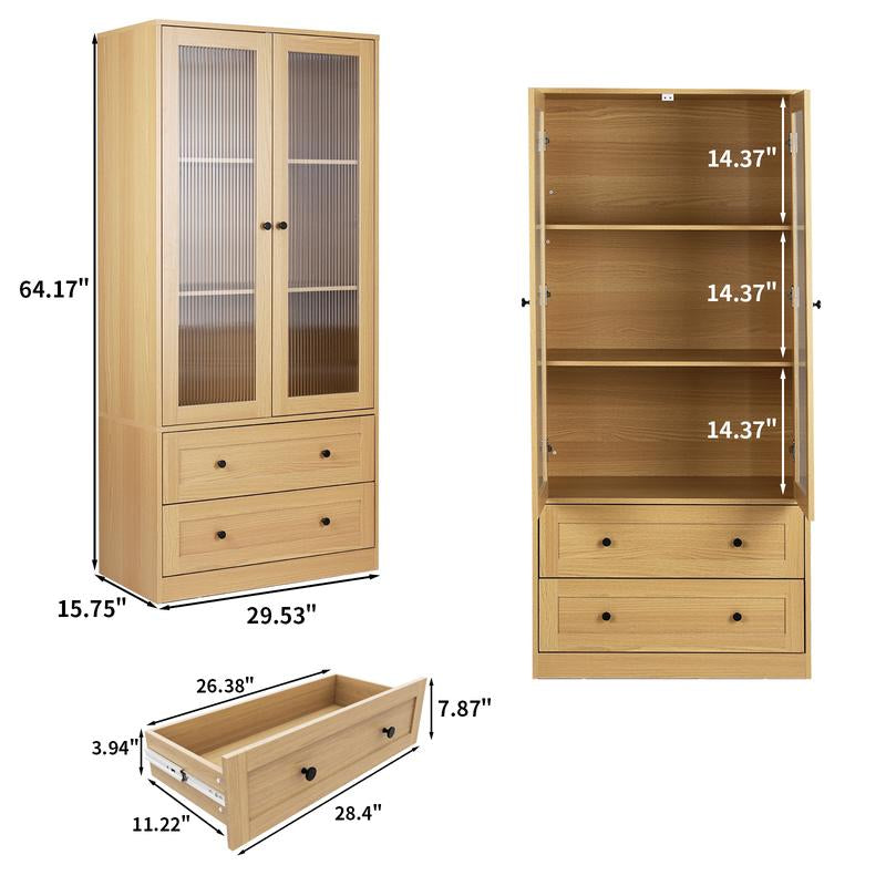 VOWNER 64.17" Tall Kitchen Pantry Storage Cabinet with 2 Glass Doors, 3 Shelves and 2 Drawers, Storage Cabinets Furniture Organizer Fathersdaygift