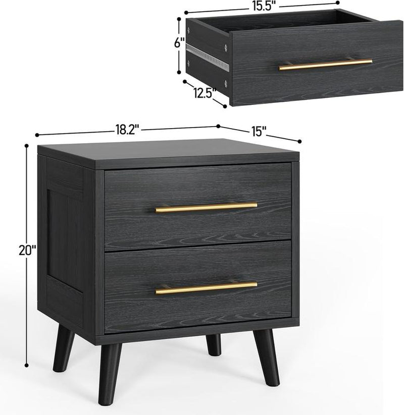 Gizoon Nightstand, Bedside Table with Metal Handles, Modern Wood Night Stand 2 Drawer Dresser for Bedroom, Black Furniture
