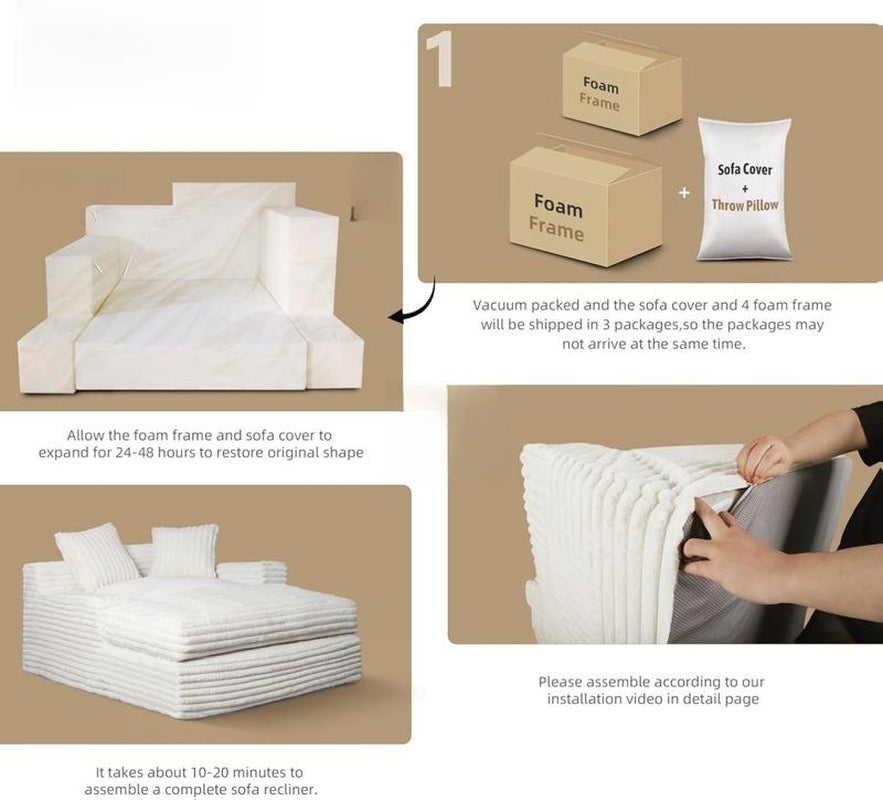 【3 Package Shipped & Black Friday】Chaise Lounge Chair Indoor Bedroom, Oversized Chaise Lounge Sofa Upholstered Soft Short Plush Cloud Couch Sofa Bed Sleeper Chair for Living Room with 2 Throw Pillows, Easy to Install