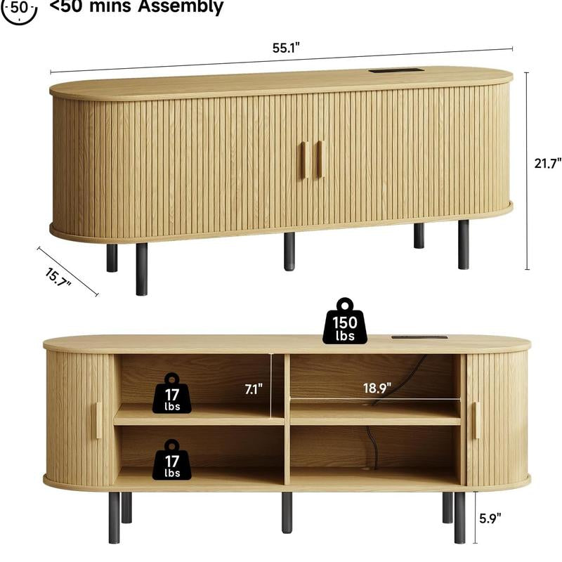 【Backtoschool】Onbrill Fluted TV Stand with Power Outlet for Tvs up to 60/70 Inch, TV Stands for Living Room with Storage & Adjustable Shelves, Entertainment Center with Sliding Doors, Console Table, Living Room Bedroom Furniture