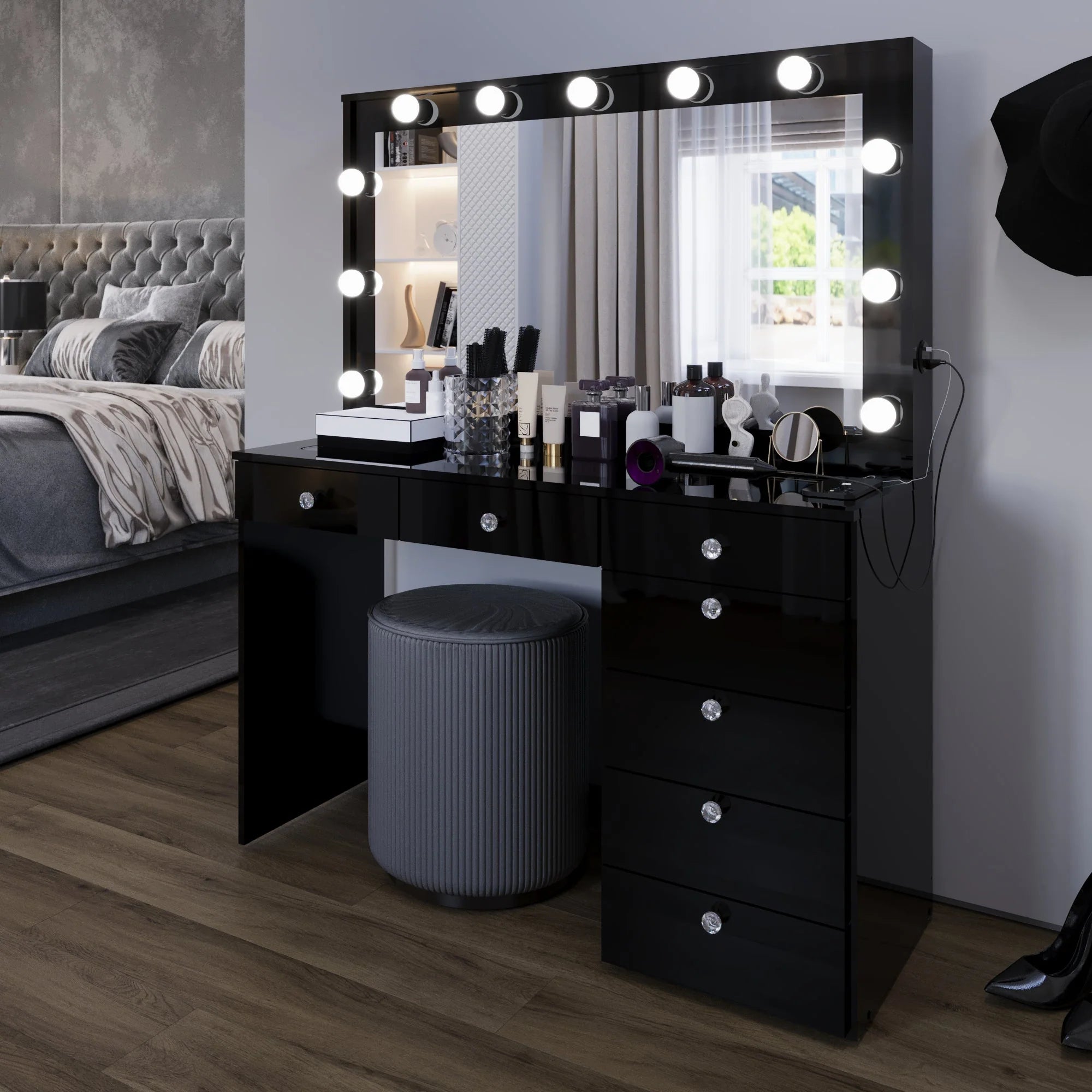 Boahaus Serena Makeup Vanity Table with Built-In Lights & Glass Top | Elegance Redefined