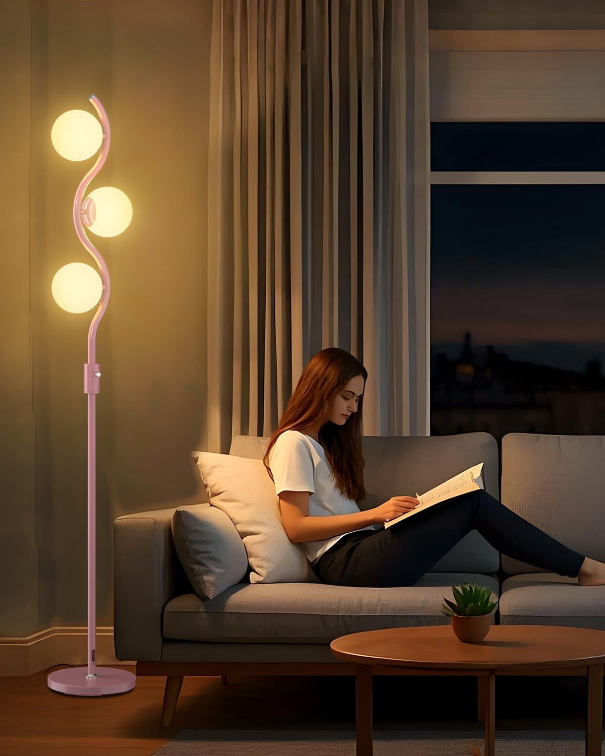 60IN Dimmable Pink Floor Lamp Mid Century Standing Lamps with 3Pcs G9 3000K Warm White Bulbs Stepless Dimming Globe Modern Tall Lamp with Stable Base for Bedroom Office