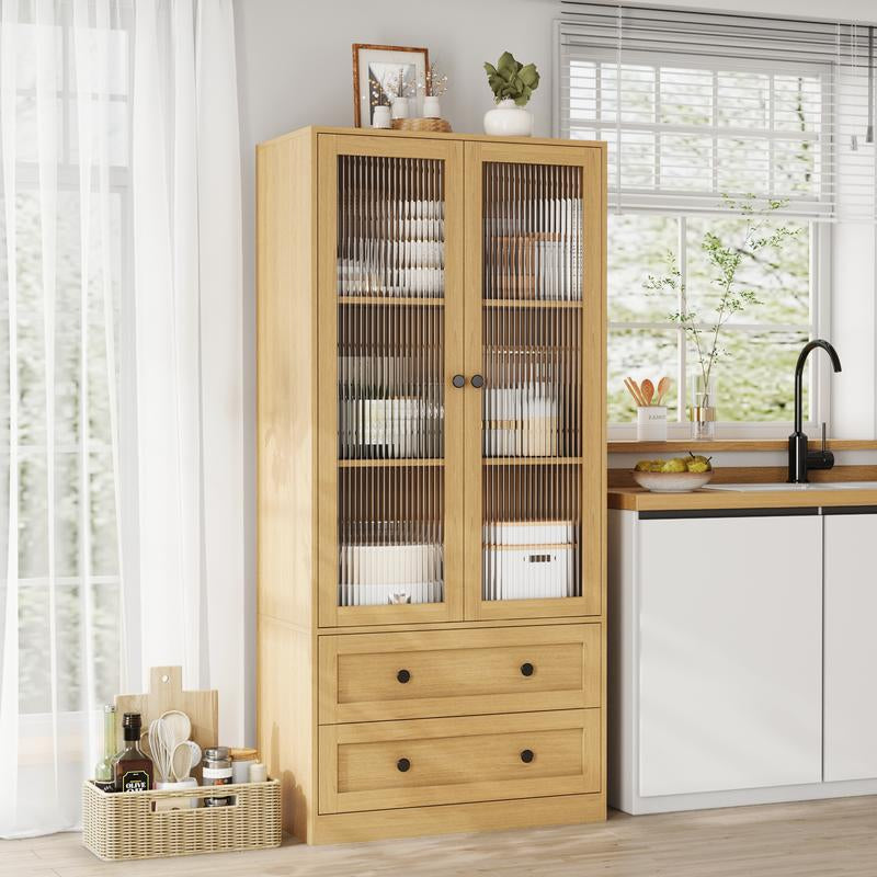 VOWNER 64.17" Tall Kitchen Pantry Storage Cabinet with 2 Glass Doors, 3 Shelves and 2 Drawers, Storage Cabinets Furniture Organizer Fathersdaygift