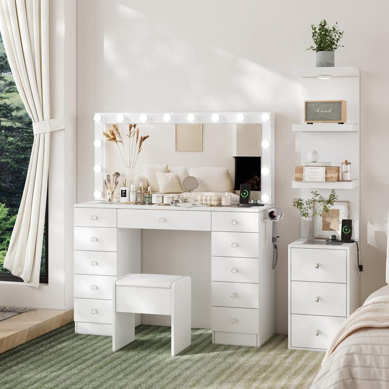 VOWNER 3 Tier Stand Shelf with 3 Drawers Modern Decor beside Table Nightstand with LED Light for Vanity Bedroom