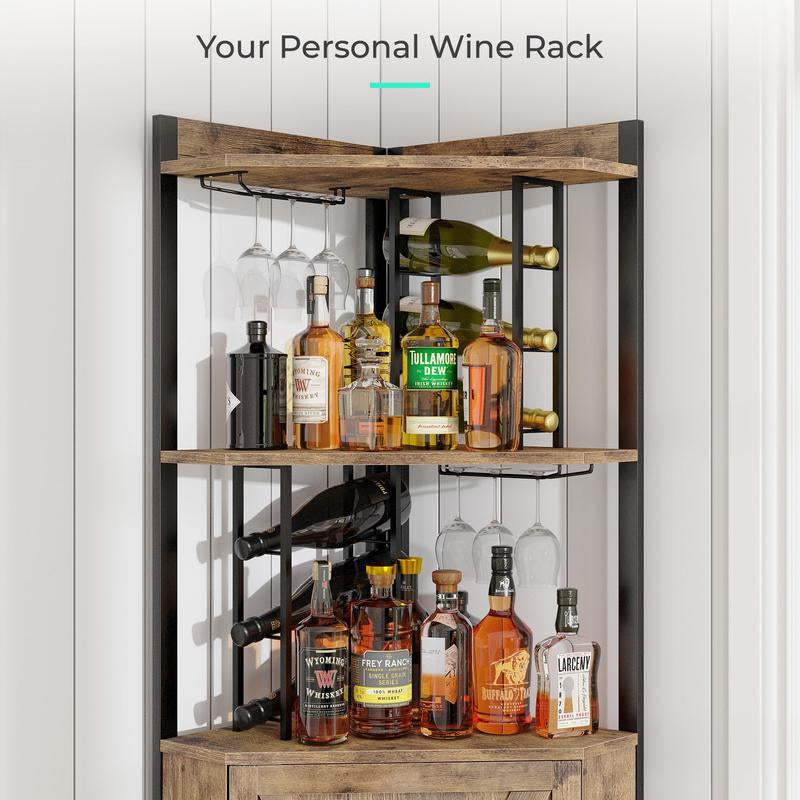 63” Corner Bar Cabinet with Wine Rack, 5-Tier Liquor Cabinet with Glass Holder, Adjustable Shelves & Barn Door, Home Bar Storage for Living Room & Kitchen