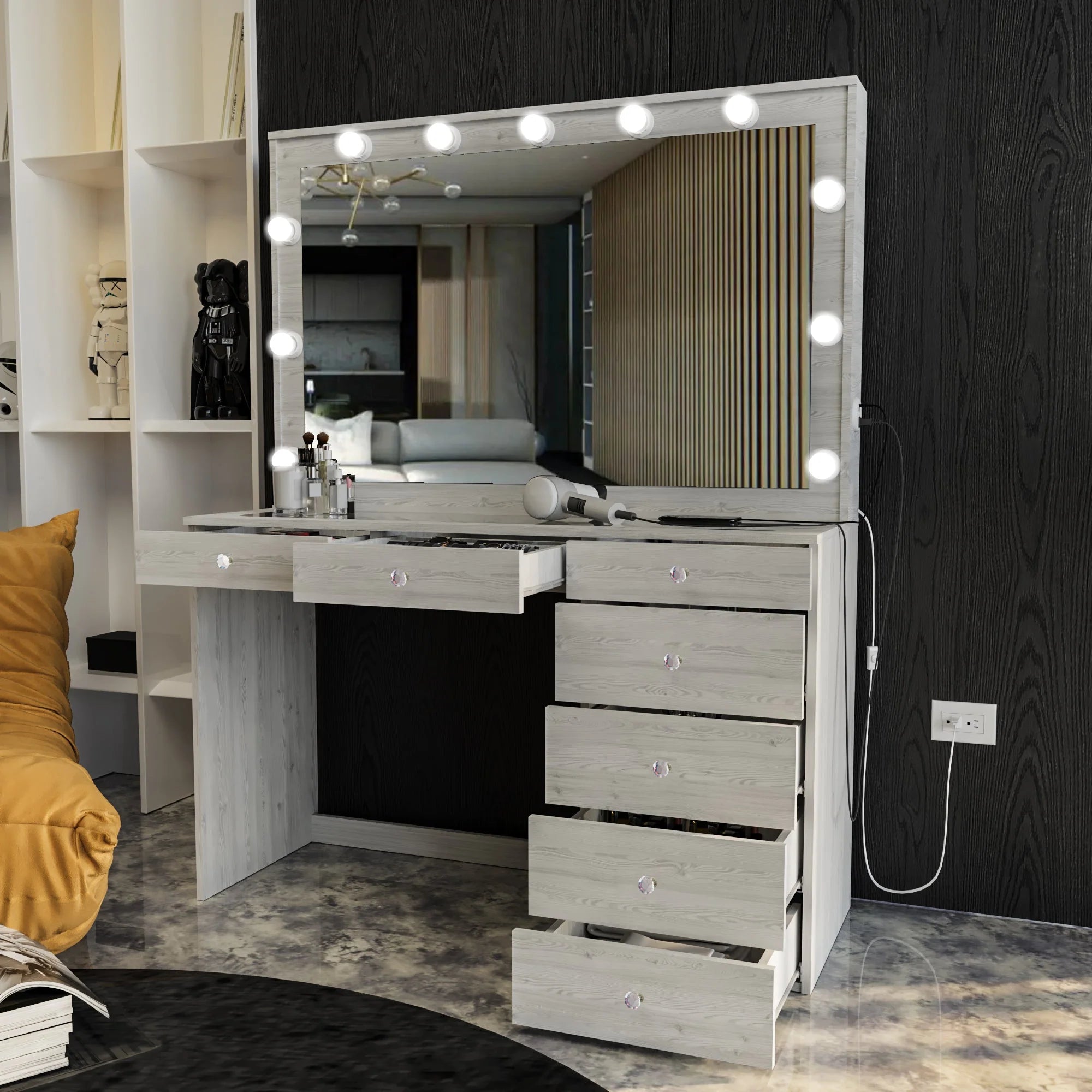 Boahaus Serena Makeup Vanity Table with Built-In Lights & Glass Top | Elegance Redefined