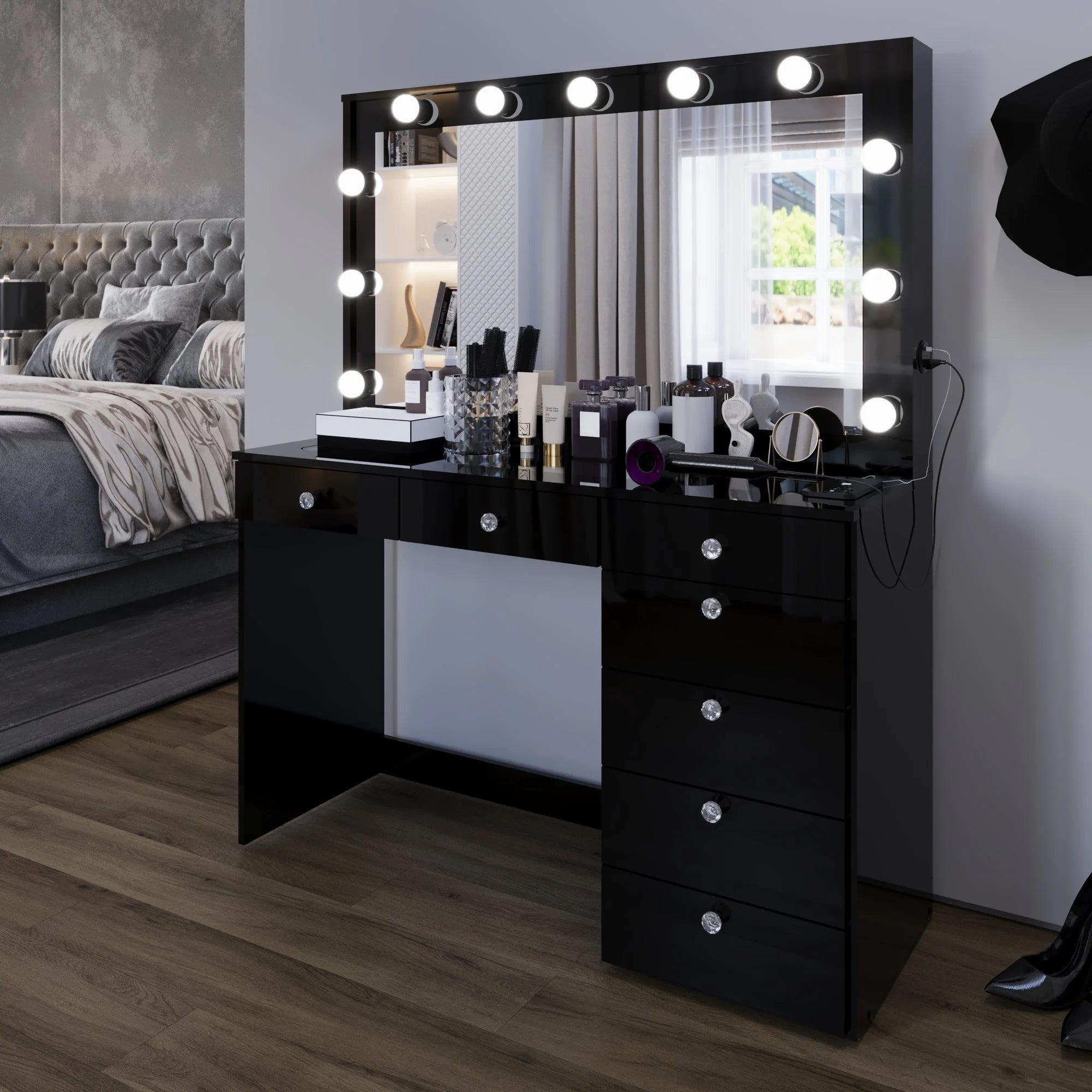 Boahaus Serena Makeup Vanity Table with Built-In Lights & Glass Top | Elegance Redefined