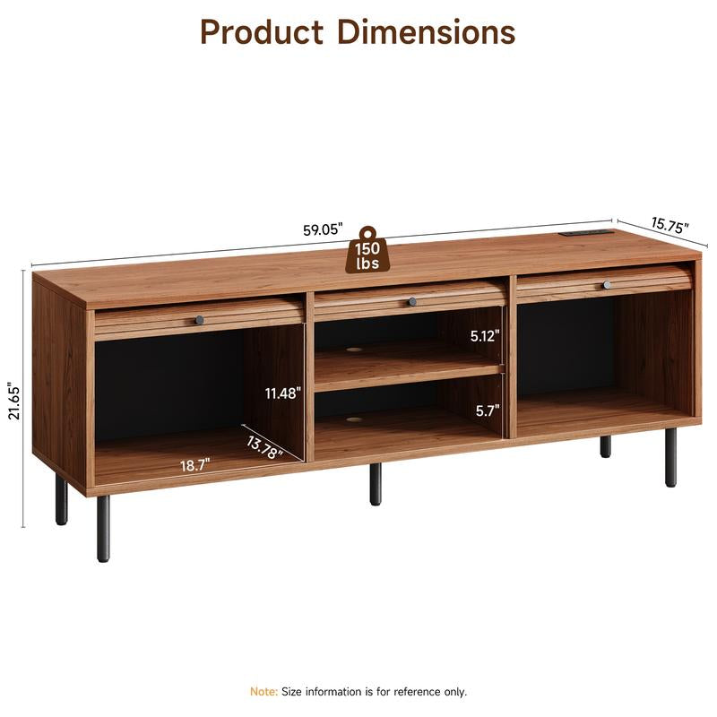 59 Inch TV Stand for Tvs up to 65 Inch, Entertainment Center with Power Outlet, Mid-Century Modern TV Console with Storage, Adjustable Shelf & Sliding Doors, TV Stand for Living Room
