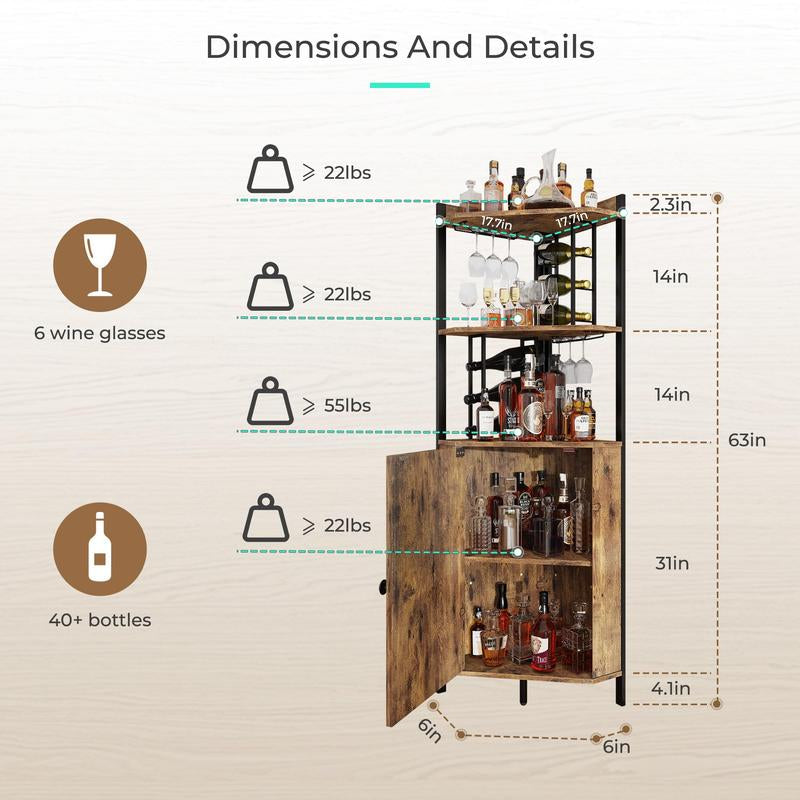 63” Corner Bar Cabinet with Wine Rack, 5-Tier Liquor Cabinet with Glass Holder, Adjustable Shelves & Barn Door, Home Bar Storage for Living Room & Kitchen