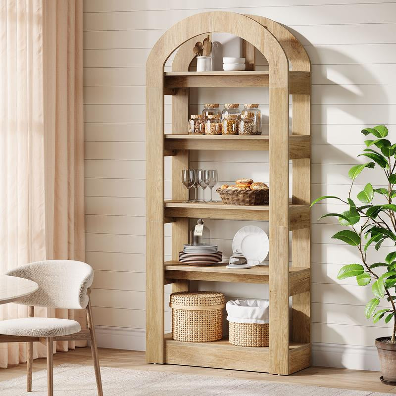 LITTLE TREE 5-Tier Bookshelf, Arch-Shaped Racks, Tall Standing Wooden Bookcase Display Shelf Modern Storage Solution