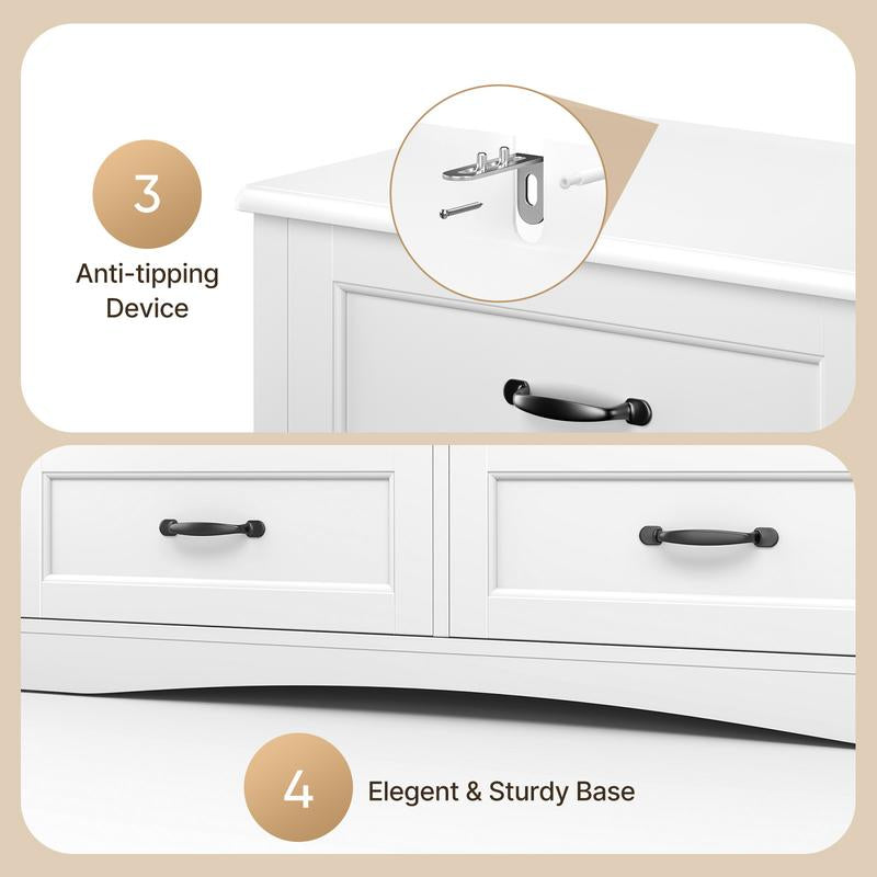 Gizoon 6 Drawer Dresser for Bedroom，47'' Larger Chest of Drawers with Mental Handle for Kids Room, White Dresser with 6 Storage Drawers for Living Room, Entryway and Hallway