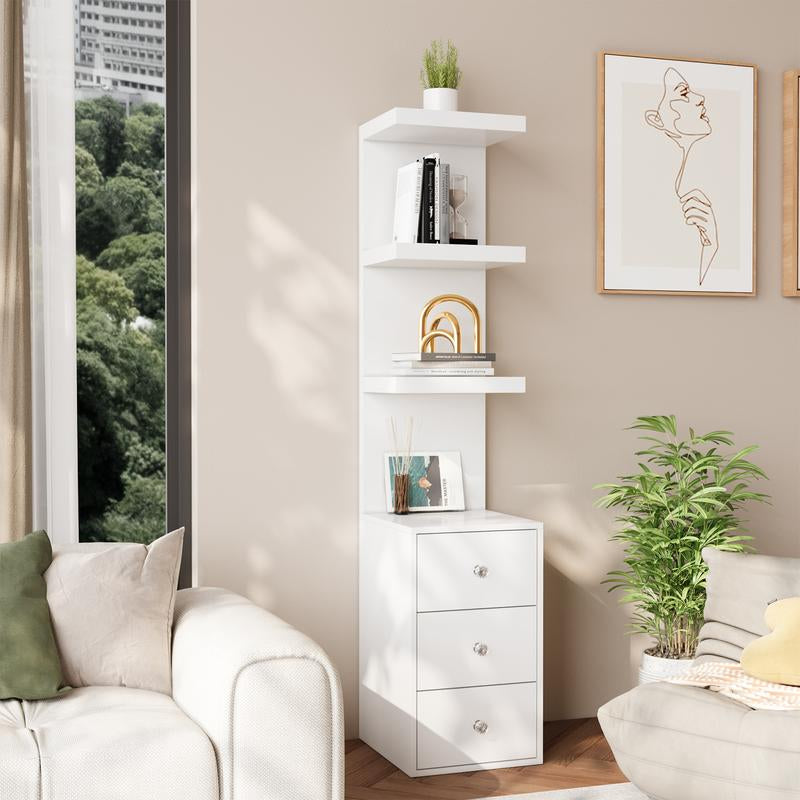 VOWNER 3 Tier Stand Shelf with 3 Drawers Modern Decor beside Table Nightstand with LED Light for Vanity Bedroom