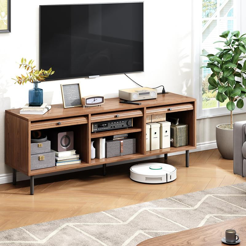 59 Inch TV Stand for Tvs up to 65 Inch, Entertainment Center with Power Outlet, Mid-Century Modern TV Console with Storage, Adjustable Shelf & Sliding Doors, TV Stand for Living Room