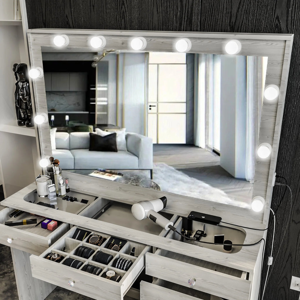 Boahaus Serena Makeup Vanity Table with Built-In Lights & Glass Top | Elegance Redefined