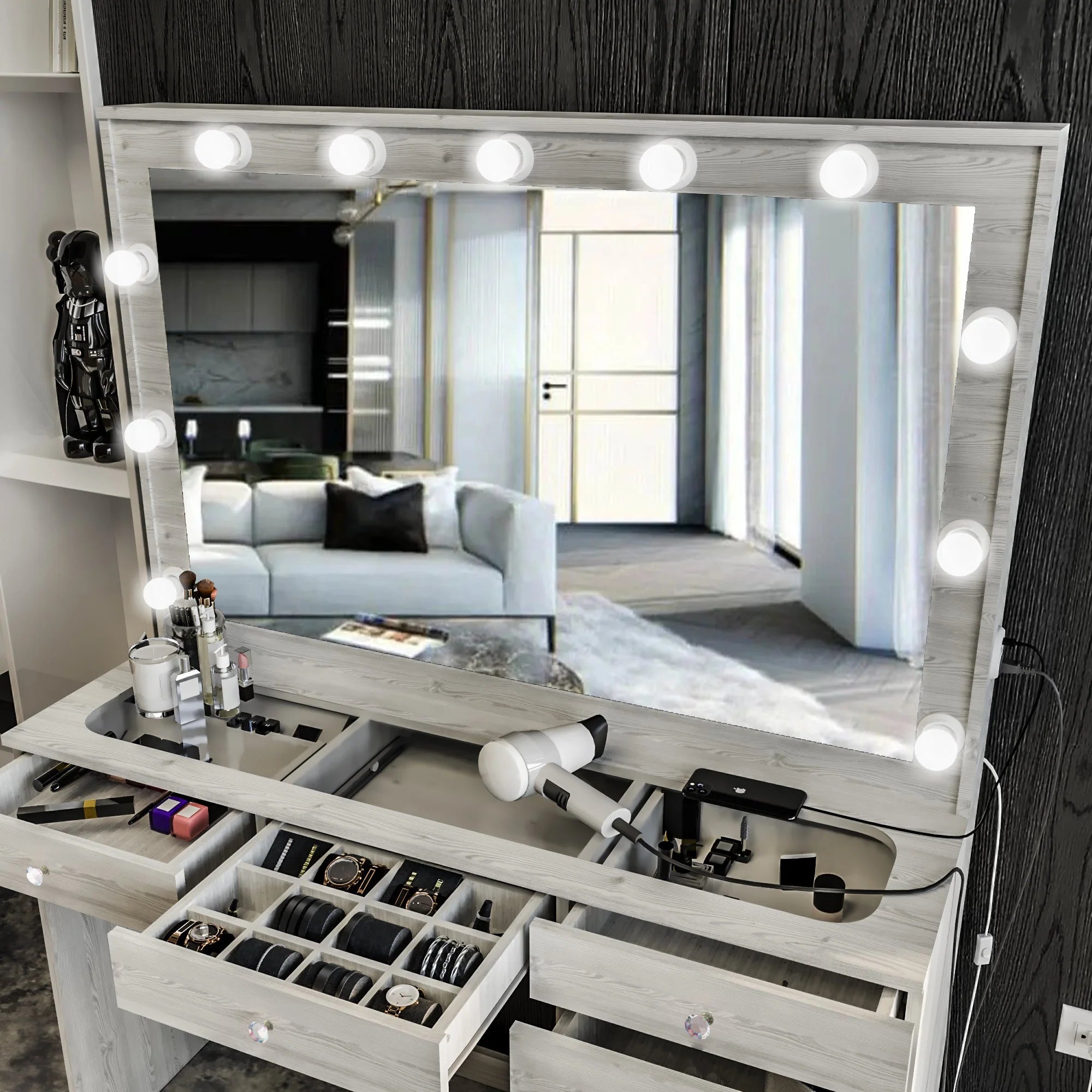 Boahaus Serena Makeup Vanity Table with Built-In Lights & Glass Top | Elegance Redefined