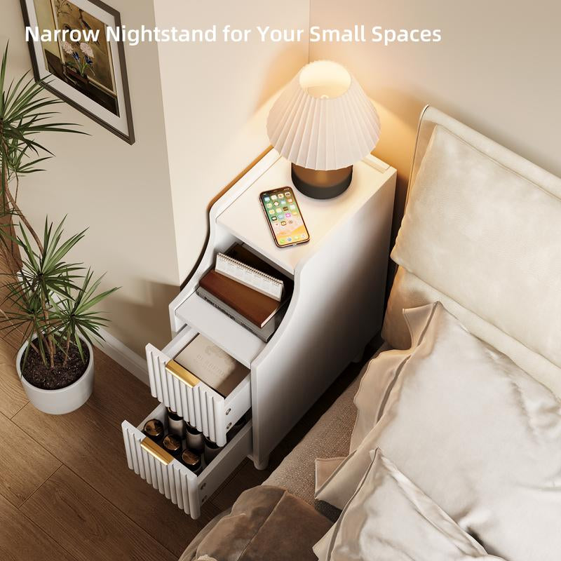 TOKSOM Two Small Bedside Tables with Drawers, a Pair of Solid Wood Bedside Tables, a Narrow Walnut White Bedside Table for the Bedroom, Which Can Be Placed in the Bedroom, Living Room, Study or Office