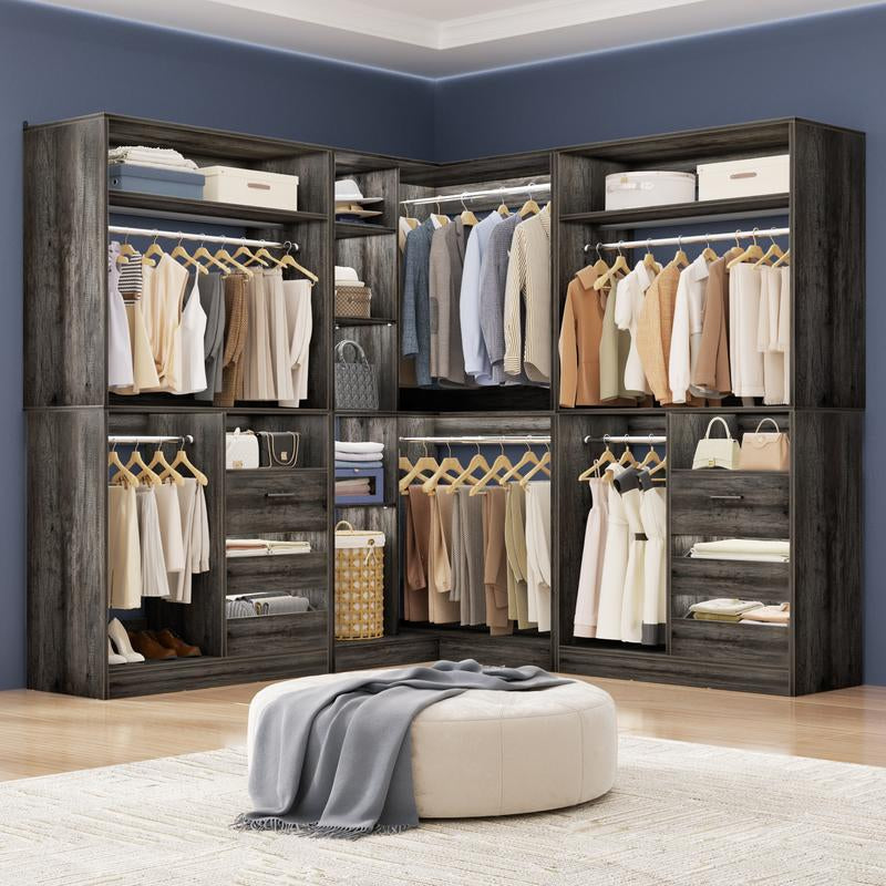 Cyclysio Corner Closet System with 6 Wooden Drawers and 6 Hanging Rods,Sturdy Walk-In Closet Organizer Wardrobe with Storage Shelves，3000 Lbs Capacity