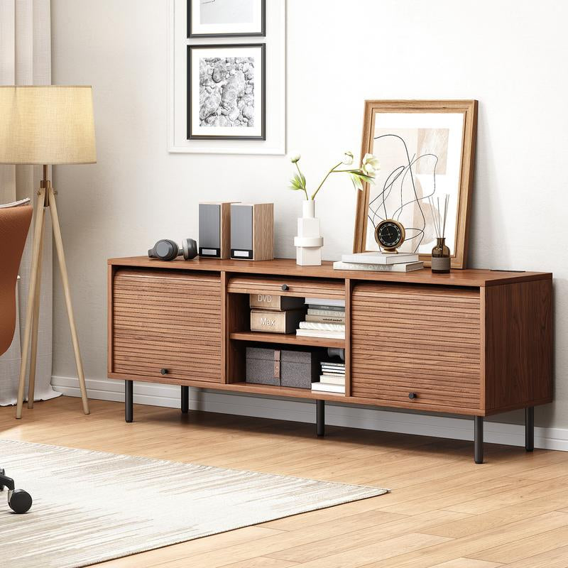 59 Inch TV Stand for Tvs up to 65 Inch, Entertainment Center with Power Outlet, Mid-Century Modern TV Console with Storage, Adjustable Shelf & Sliding Doors, TV Stand for Living Room