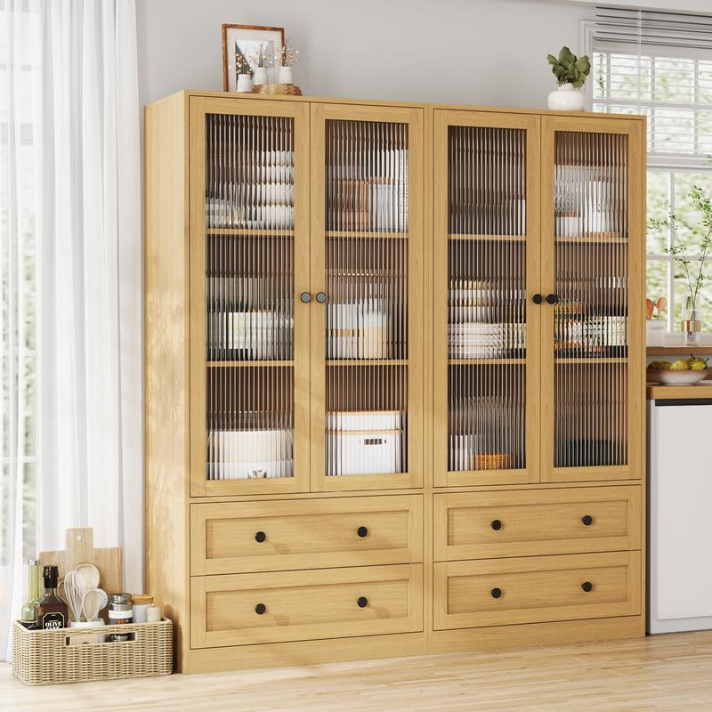 VOWNER 64.17" Tall Kitchen Pantry Storage Cabinet with 2 Glass Doors, 3 Shelves and 2 Drawers, Storage Cabinets Furniture Organizer Fathersdaygift