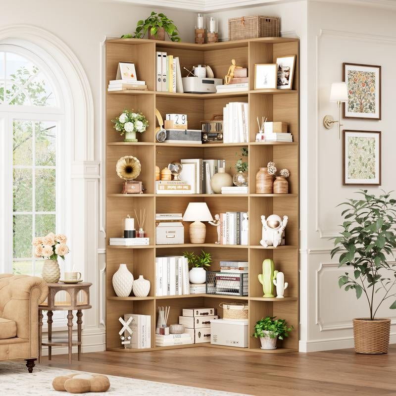 FOTOSOK 74'' Tall Corner Bookshelf, 6-Tier Bookshelf and Bookcase with Open Storage, L Shaped Tall Bookcases Wooden Storage Shelves for Home Office