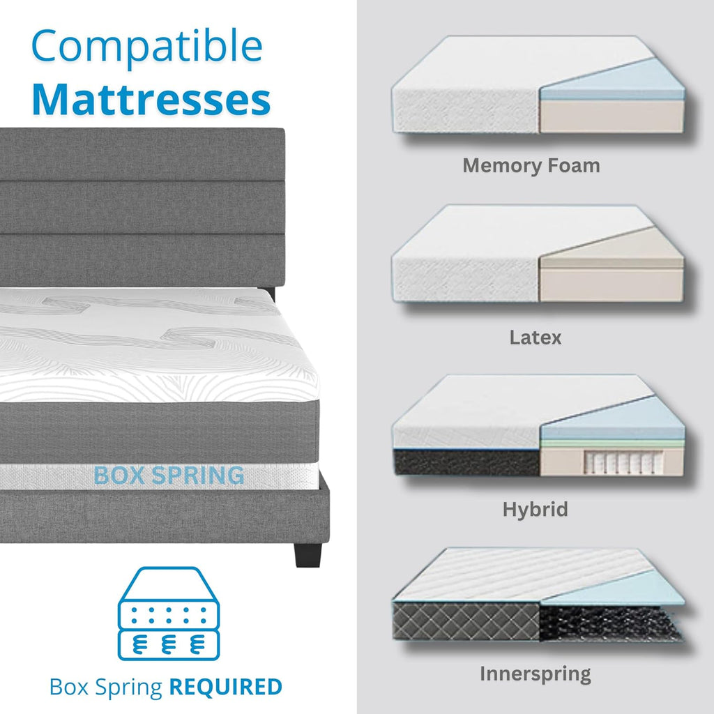 Ravenna Grey Linen Full Size Fully Upholstered Platform Bed Frame with Adjustable Headboard - Qualified Box Spring or Foundation Required for Use