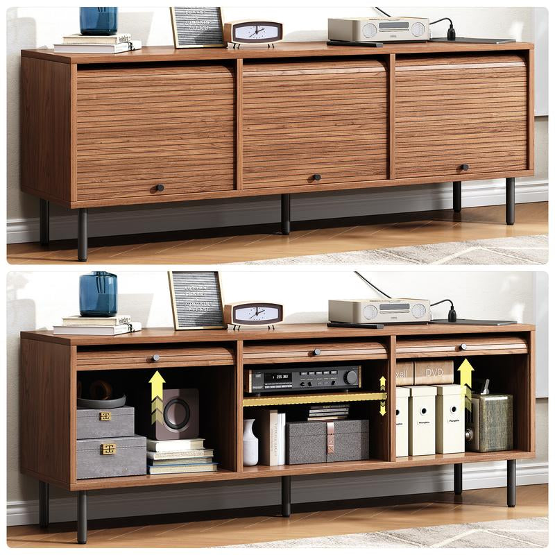 59 Inch TV Stand for Tvs up to 65 Inch, Entertainment Center with Power Outlet, Mid-Century Modern TV Console with Storage, Adjustable Shelf & Sliding Doors, TV Stand for Living Room