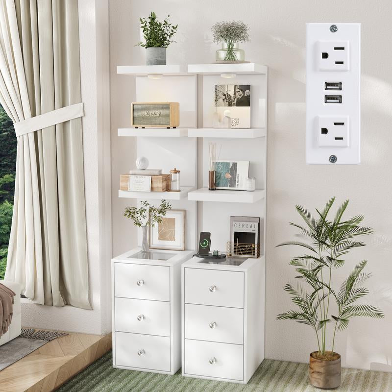 VOWNER 3 Tier Stand Shelf with 3 Drawers Modern Decor beside Table Nightstand with LED Light for Vanity Bedroom