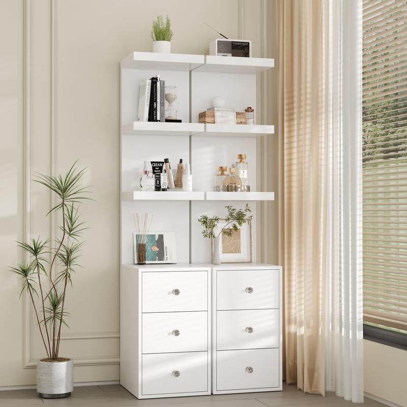 VOWNER 3 Tier Stand Shelf with 3 Drawers Modern Decor beside Table Nightstand with LED Light for Vanity Bedroom