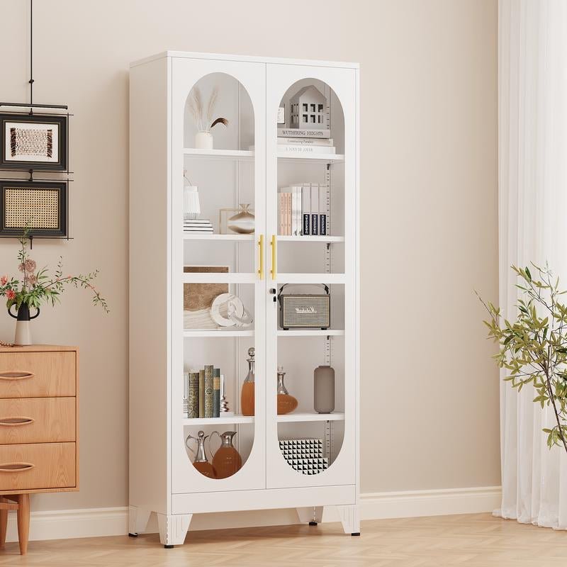 H71" Tall Metal Curio Cabinet, Display Cabinet with Glass Door, 5 Tier Liquor with 4 Adjustable Shelves, Locking Glass Display Case for Collectibles, Showcase Storage Cabinets, Black