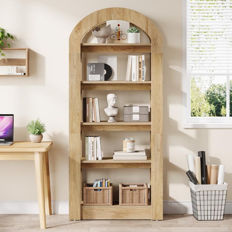 LITTLE TREE 5-Tier Bookshelf, Arch-Shaped Racks, Tall Standing Wooden Bookcase Display Shelf Modern Storage Solution