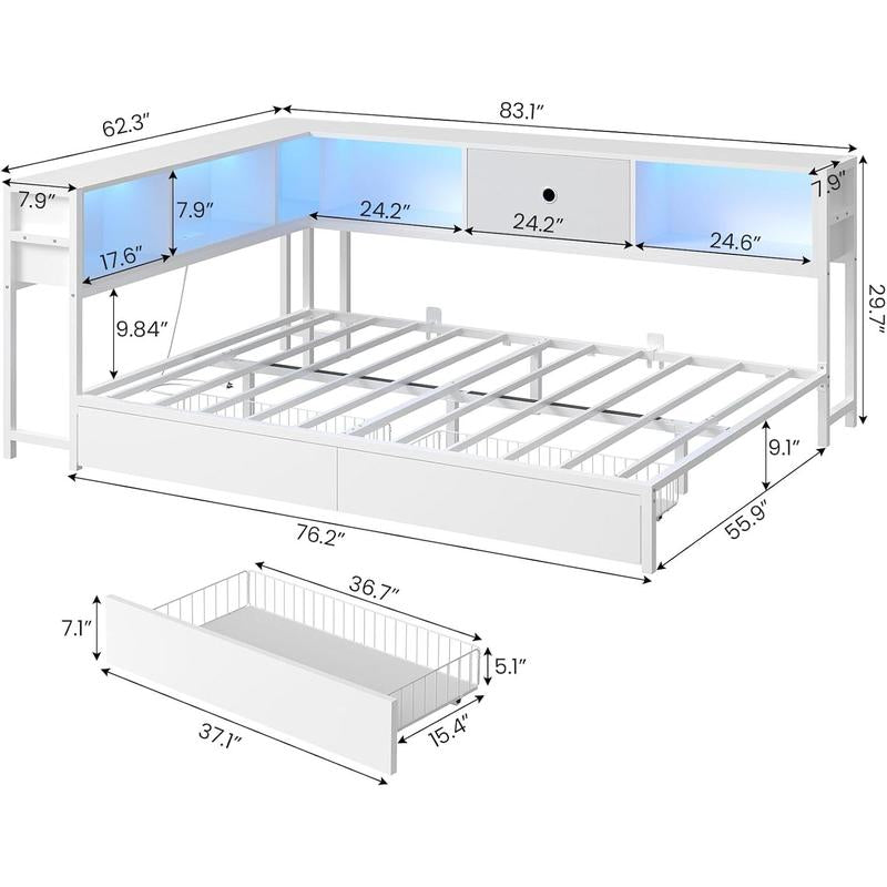 Corner Full Bed Frame with Bookcase Storage and Led Lights Metal Platform Bed Frame with Drawers and Charging Station Full Size Daybed with Storage for Living Room,Bedroom,Guest Room,White