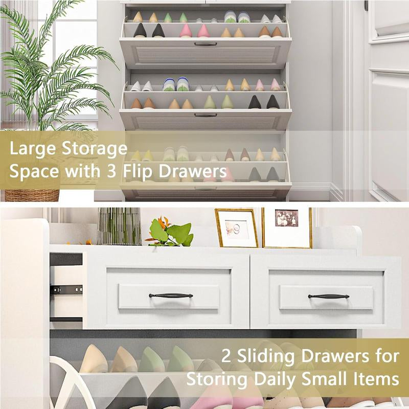 Spaco White Shoe Cabinet for Entryway, Freestanding Shoe Storage Cabinet,Wood Slim Hidden Shoe Rack Cabinet, Shoe Organizer Cabinet with 3 Flip Drawers & 2 Sliding Drawers for Closet, Hallway