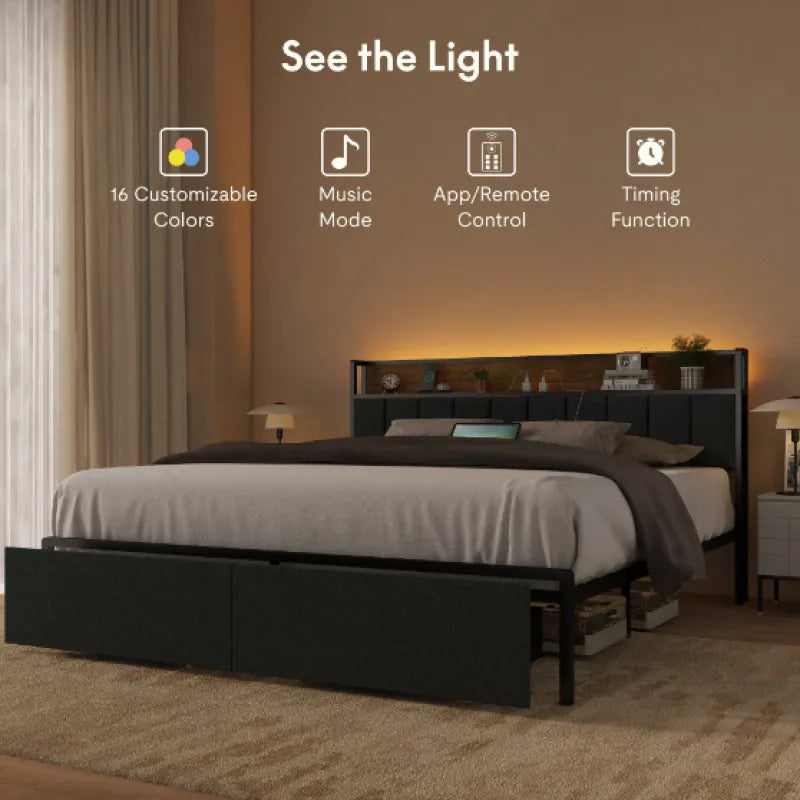 Charging Luxe Full Bed Frame with LED Lights
