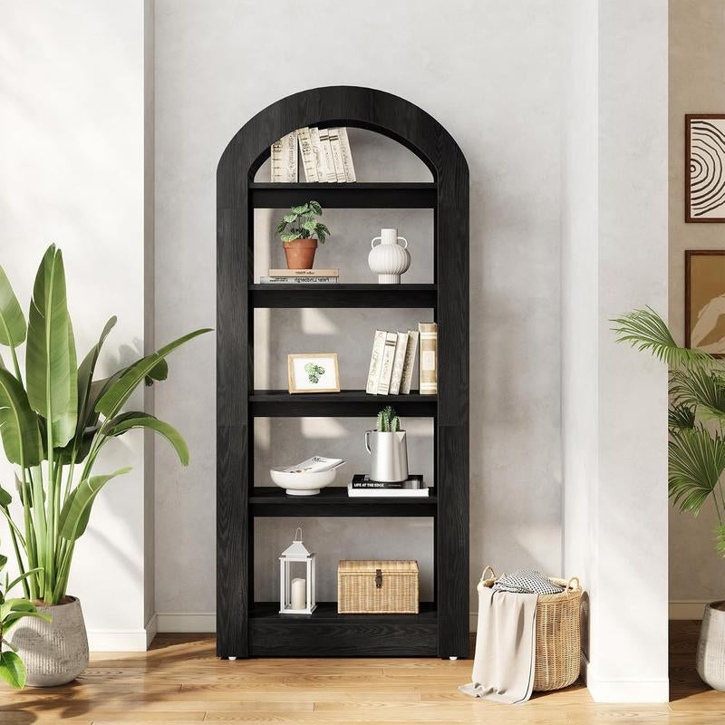 LITTLE TREE 5-Tier Bookshelf, Arch-Shaped Racks, Tall Standing Wooden Bookcase Display Shelf Modern Storage Solution