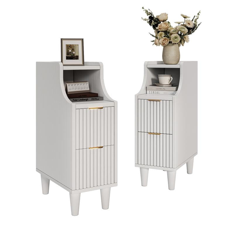 TOKSOM Two Small Bedside Tables with Drawers, a Pair of Solid Wood Bedside Tables, a Narrow Walnut White Bedside Table for the Bedroom, Which Can Be Placed in the Bedroom, Living Room, Study or Office
