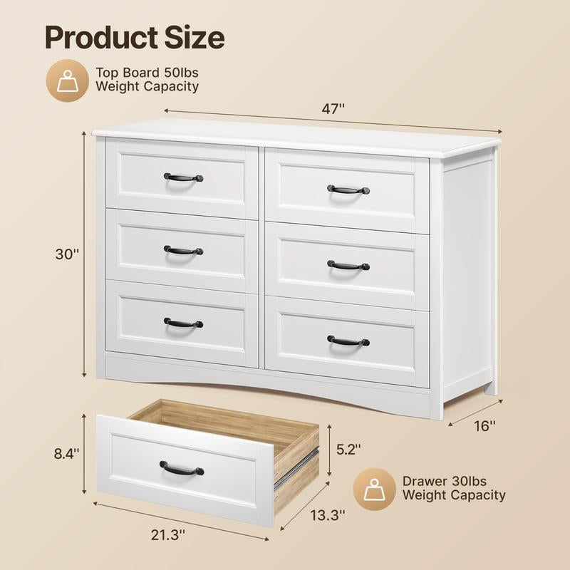 Gizoon 6 Drawer Dresser for Bedroom，47'' Larger Chest of Drawers with Mental Handle for Kids Room, White Dresser with 6 Storage Drawers for Living Room, Entryway and Hallway